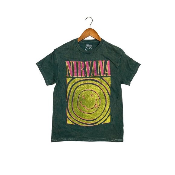 Nirvana Vintage Style Smile Back Short Sleeve Unisex T Shirt Crew Neck S Green